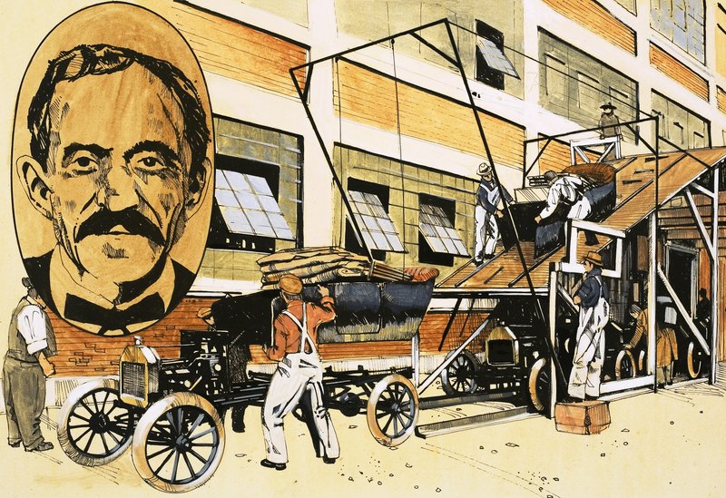 Henry Ford och hans första produktionslinje 1908 av English School