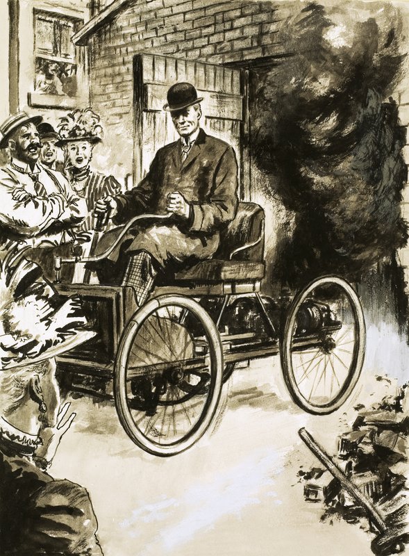 Henry Ford med sin första "hästlösa vagn" av English School