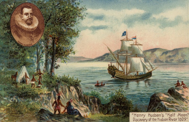 Henry Hudsons fartyg Half Moon på upptäcktsfärd på Hudsonfloden, Nordamerika av English School