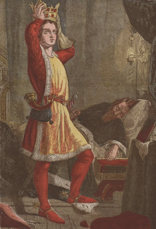 Henry, Prince of Wales, den blivande kungen Henrik V, prövar sin fars krona (chromolitho) av English School