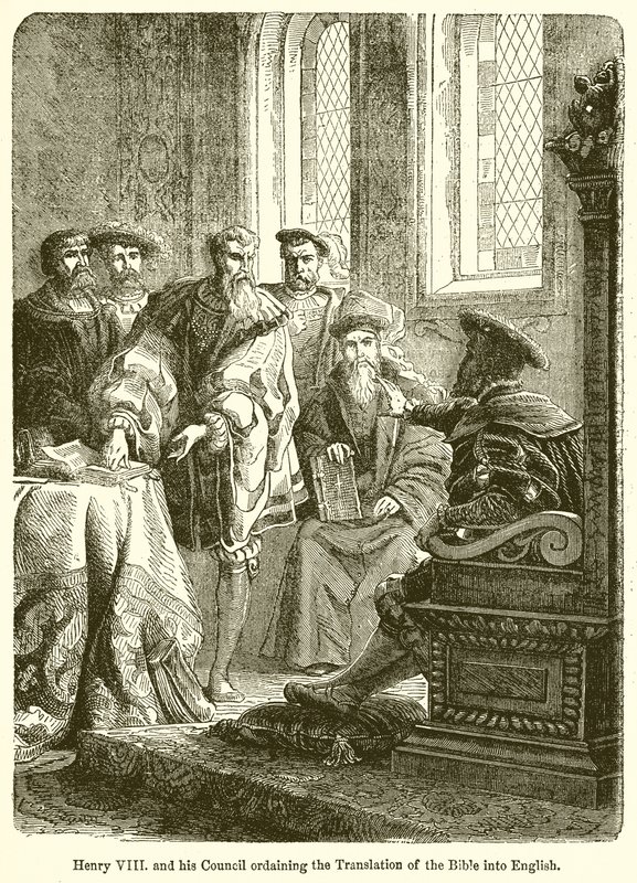 Henrik VIII. och hans råd som förordnar översättningen av Bibeln till engelska av English School