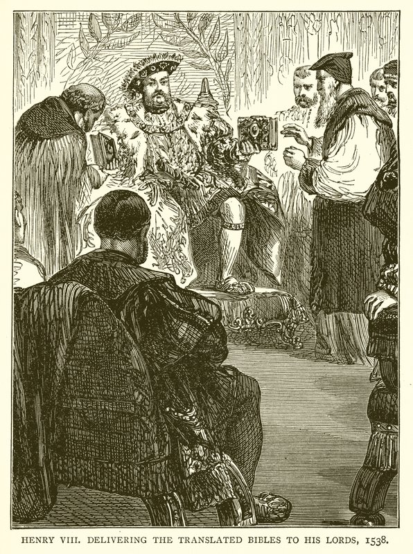 Henrik VIII levererade de översatta biblarna till sina herrar, 1538 av English School