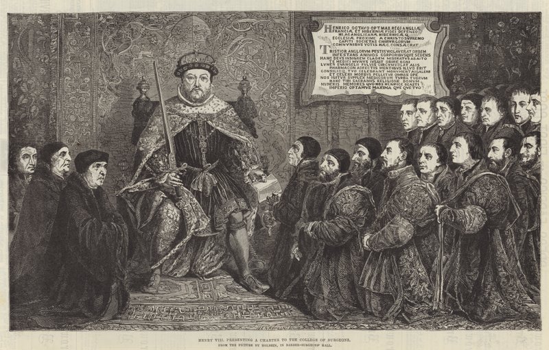 Henry VIII presenterar en stadga till College of Surgeons (gravyr) av English School