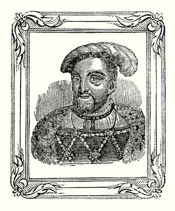 Henrik VIII föddes 1490, kröntes 1509 och dog 1547 (gravyr) av English School