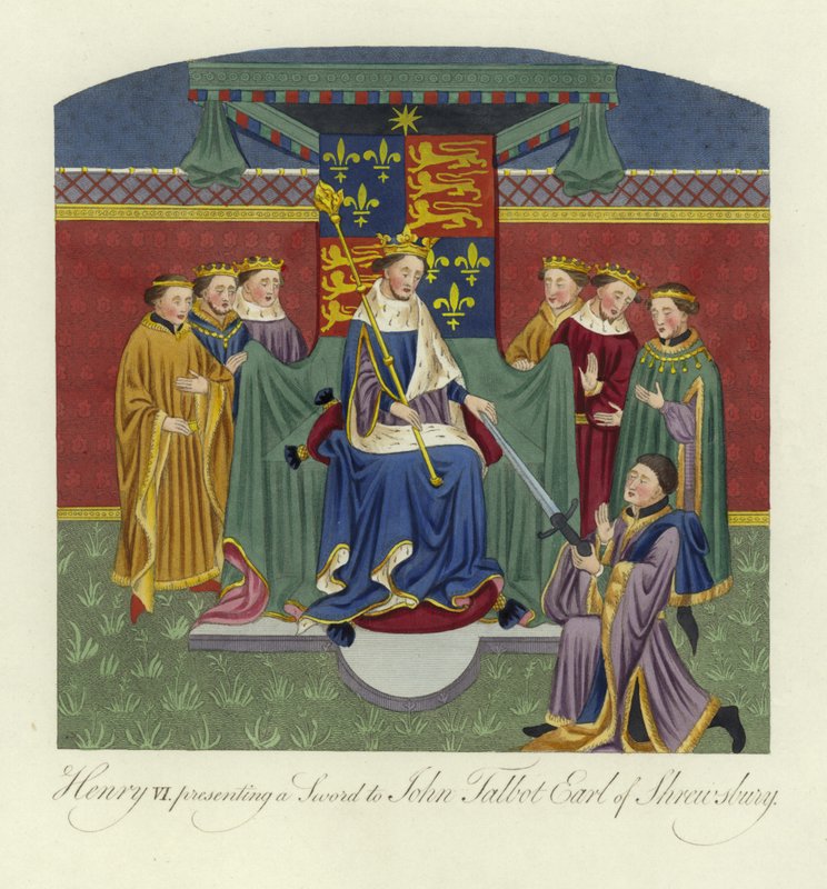 Henry VI, kung av England, presenterar ett svärd till John Talbot, Earl of Shrewsbury, 1400-talet av English School