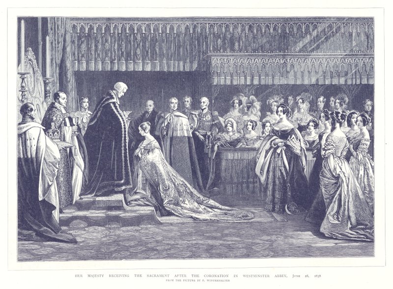 Hennes Majestät tar emot sakramentet efter kröningen i Westminster Abbey den 28 juni 1838 av English School