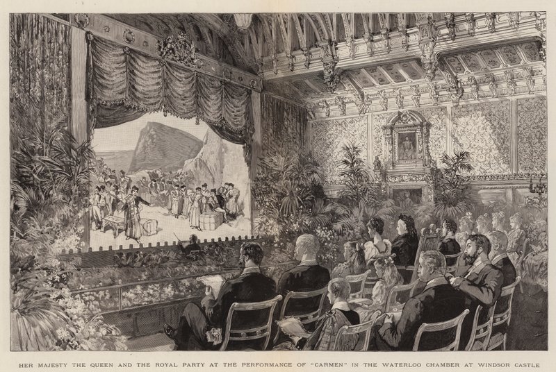 Hennes Majestät Drottningen och det kungliga sällskapet vid föreställningen av "Carmen" i Waterloo Chamber på Windsor Castle (gravyr) av English School