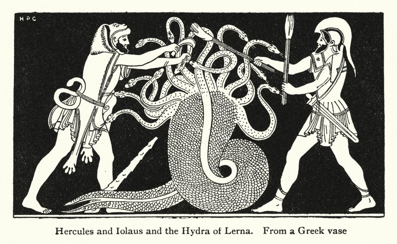 Hercules och Iolaus och Lerna Hydra (litho) av English School