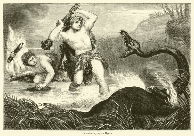 Herkules dödar Hydra (gravyr) av English School