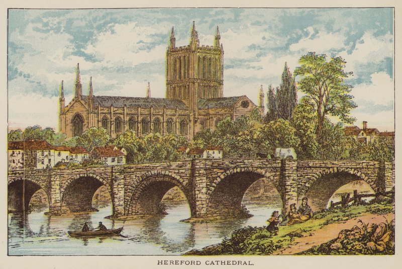 Hereford Cathedral (färgad gravyr) av English School