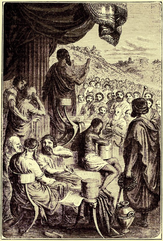 Herodotos läser sin historia vid en offentlig festival, illustration från The Illustrated History of the World, publicerad ca 1880 (digitalt förbättrad bild) av English School