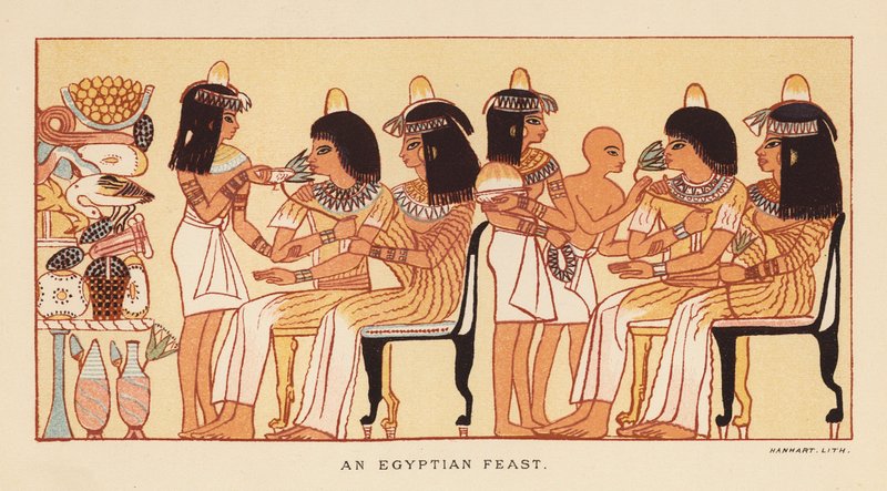 Herodotos: En egyptisk festmåltid (färglitografi) av English School