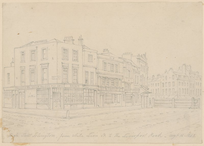 High Street Islington, från White Lion Street, till Liverpool Road, 16 augusti 1843 av English School