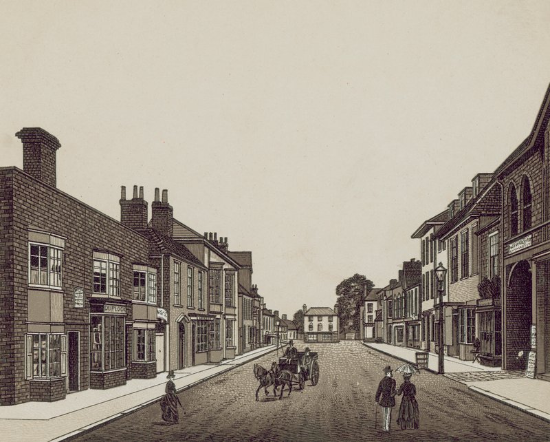 High Street, Petersfield från banken (litografi) av English School