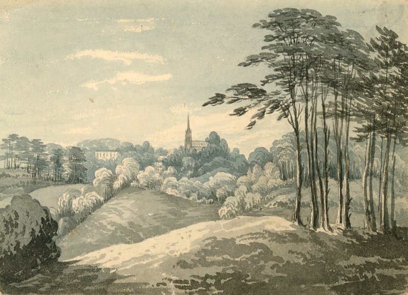 Highgate Church, London, från Hampstead Heath (wc på papper) av English School