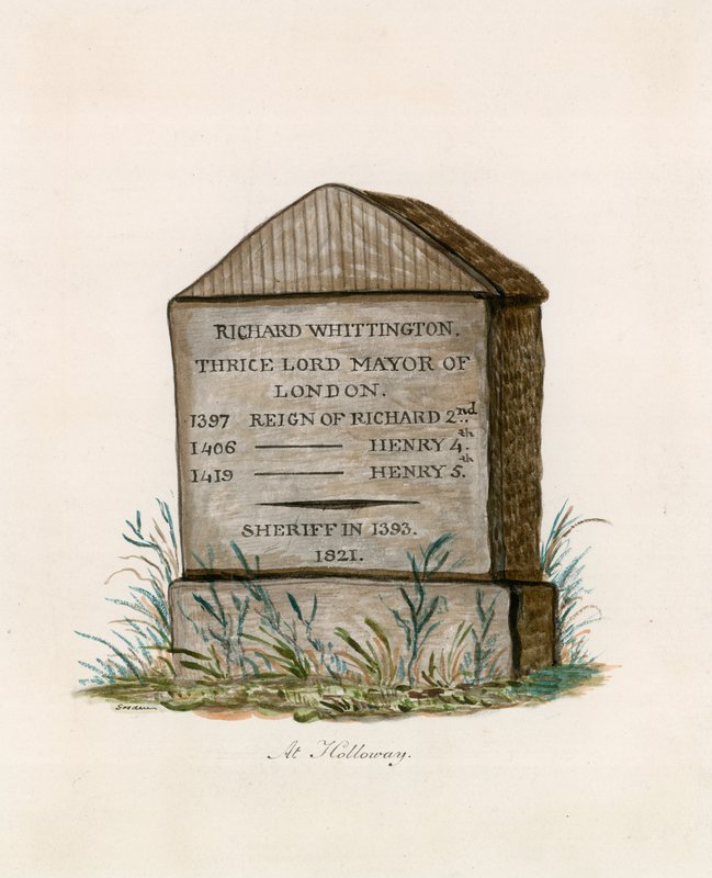 Highgate Hill, Whittington Stone (wc på papper) av English School