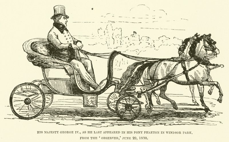 Hans Majestät George IV, som han senast dök upp i sin ponny Phaeton i Windsor Park, från Observer, 29 juni 1830 (gravyr) av English School