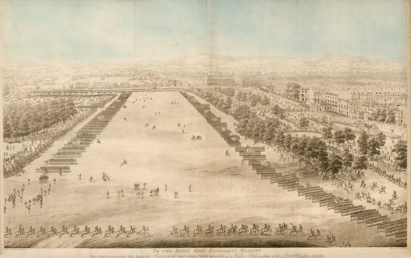 Hans Majestät granskar volontärkåren samlad i Hyde Park, för att hedra sin födelsedag den 4 juni 1799 av English School