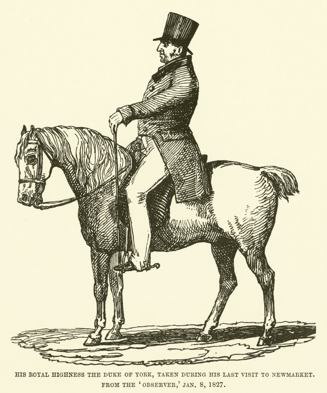 His Royal Highness the Duke of York, tagen under hans senaste besök på newmarket, från Observer, 8 januari 1827 (gravyr) av English School