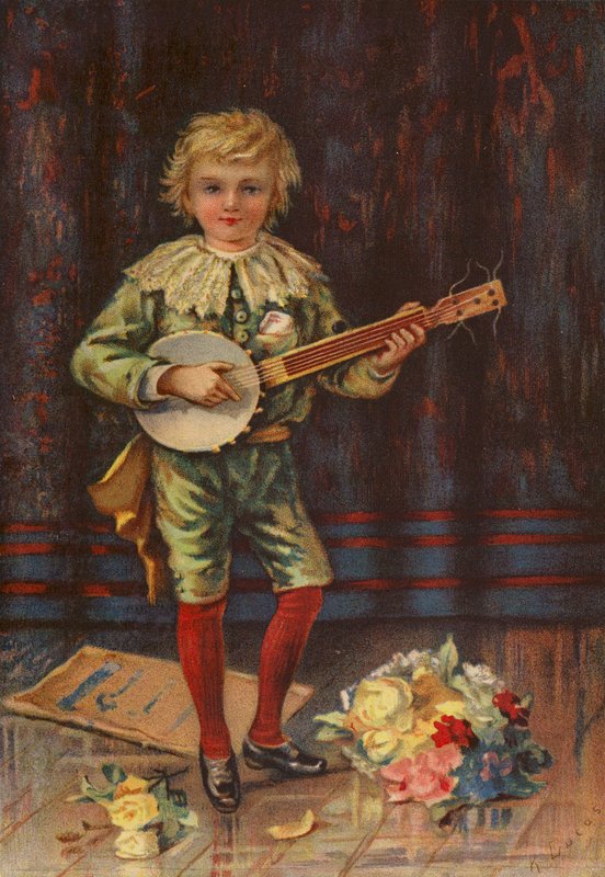 Hans första framträdande - pojke som spelar banjo (färglitografi) av English School