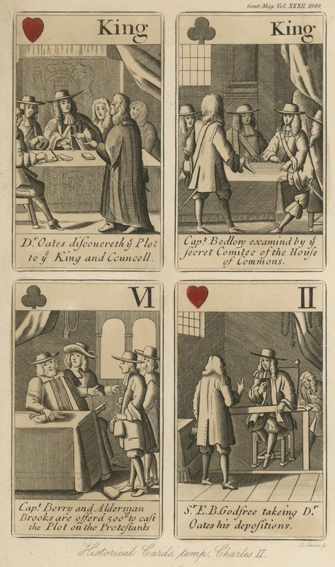 Historiska spelkort som berättar historien om kung Karl II av English School