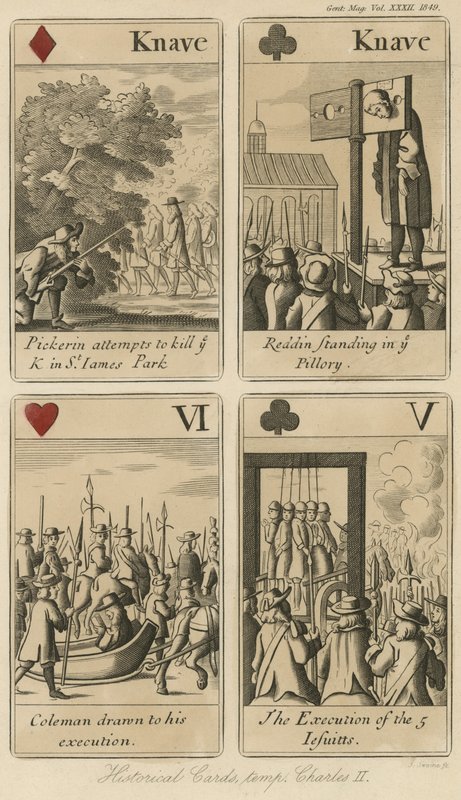 Historiska spelkort som berättar historien om kung Karl II av English School