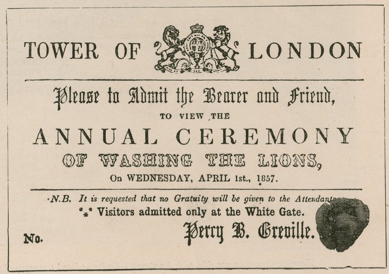 Hoax inträdesbiljett till ceremonin för tvättningen av lejonen i Tower of London av English School
