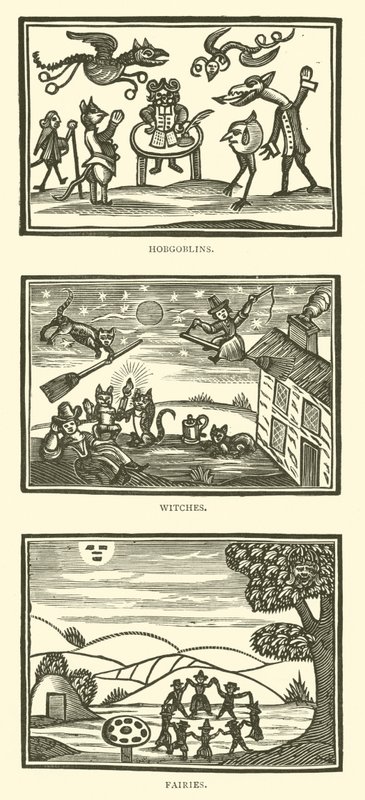 Hobgoblins, häxor, älvor (träsnitt) av English School