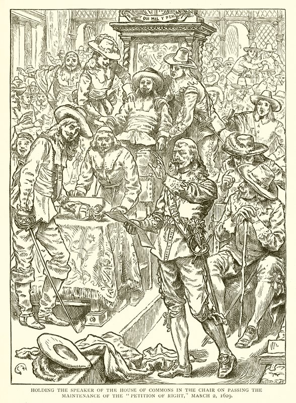 Håller talmannen för underhuset som ordförande när han godkände bibehållandet av framställningen om rätt, 2 mars 1629 av English School