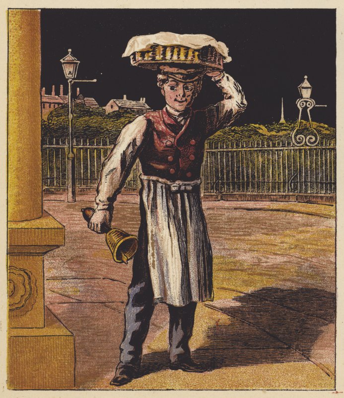 Varma korsbullar (färglitografi) av English School