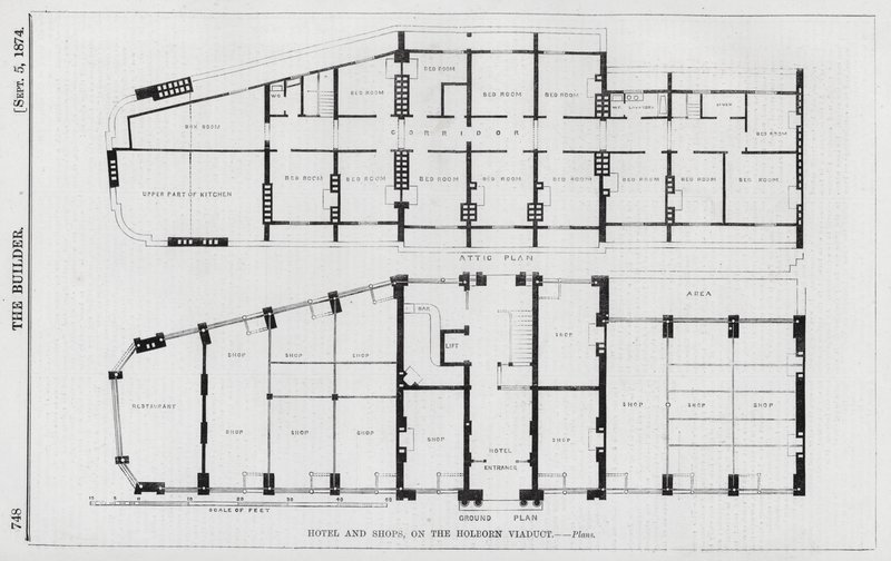 Hotell och butiker, på Holborn-viadukten (gravyr) av English School