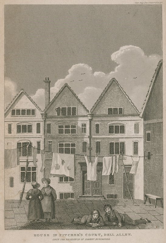 Hus i Pitchers Court, Bell Alley, en gång bostad för Robert Bloomfield av English School