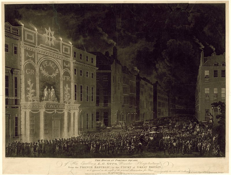 Hus på Portman Square av den franska ambassadören, upplyst för att fira freden, 29 april 1802 av English School