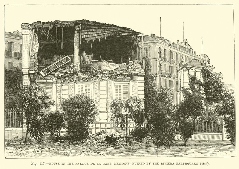 Hus på Avenue de la Gare, Mentone, förstört av jordbävningen på Rivieran, 1887 av English School