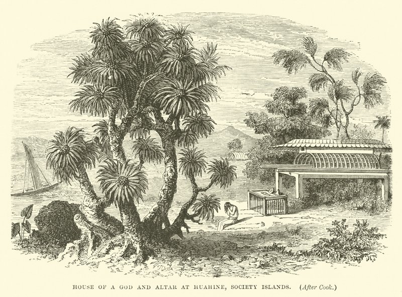 En guds hus och altare i Huahine, Society Islands, efter Cook av English School