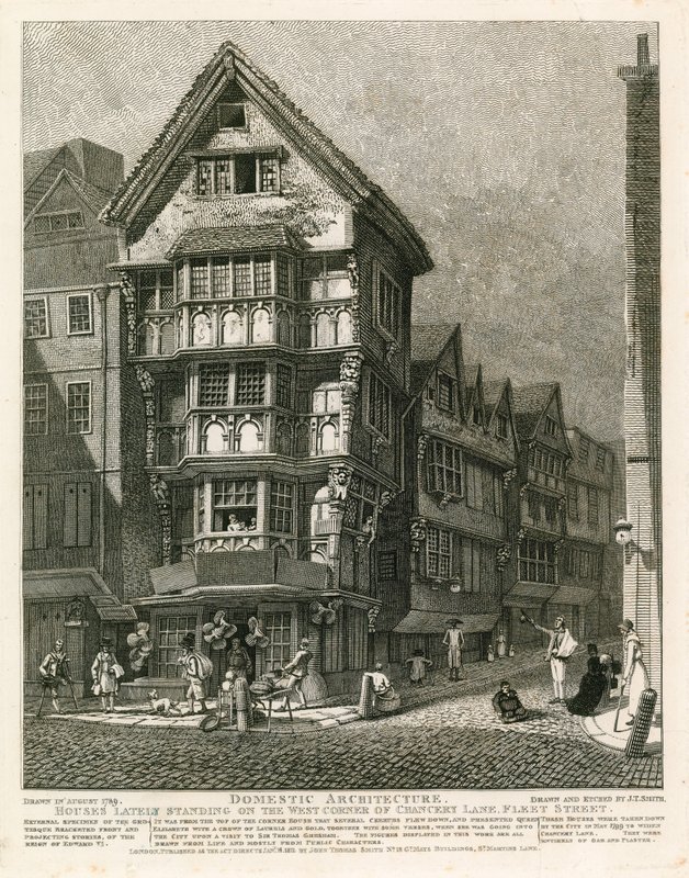 Hus nyligen stående på det västra hörnet av Chancery Lane, Fleet Street, London av English School