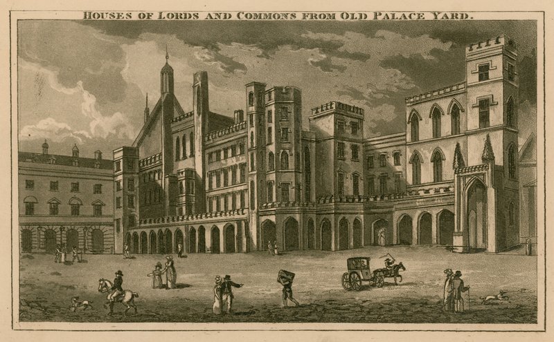 Houses of Lords and Commons från Old Palace Yard av English School