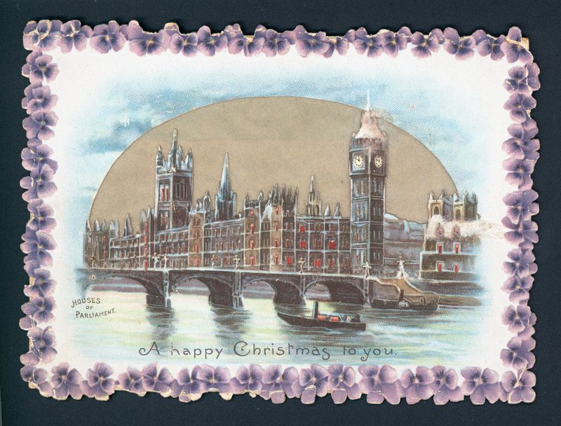 Houses of Parliament på vintern, julkort av English School