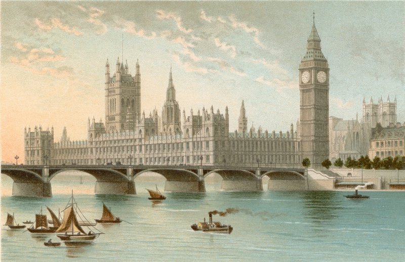 Houses of Parliament och Westminster Bridge av English School