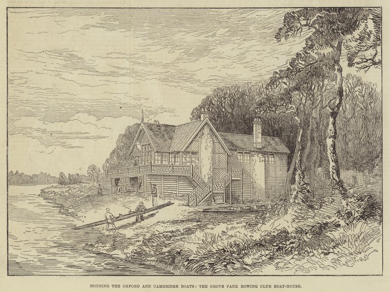 Inrymmer Oxford- och Cambridge-båtarna, Grove Park Rowing Club Boat-House (gravyr) av English School
