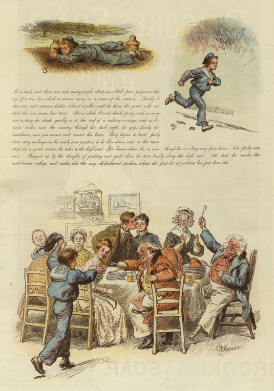 Hur Jacky Marlinspike återvände hem i tid för Christmas Pudding (färg litho) av English School