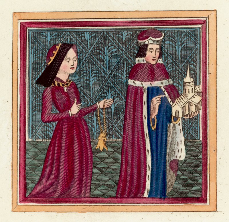Humphrey Duke of Gloucester och hans andra fru, Eleanor Cobham (färgad gravyr) av English School