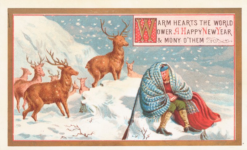 Jägare och Stags i snön, nyårskort av English School