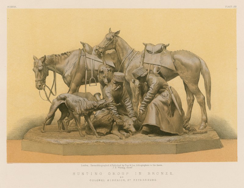 Jaktgrupp i brons av överste Siberich, St Petersburg (chromolitho) av English School