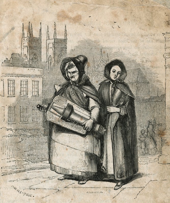 Hurdy gurdy som bärs av mor och dotter av English School