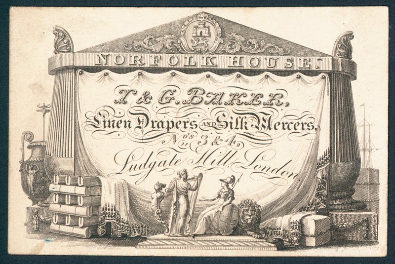 I & G Baker, linnedraperier och silkesmercers, handelskort av English School