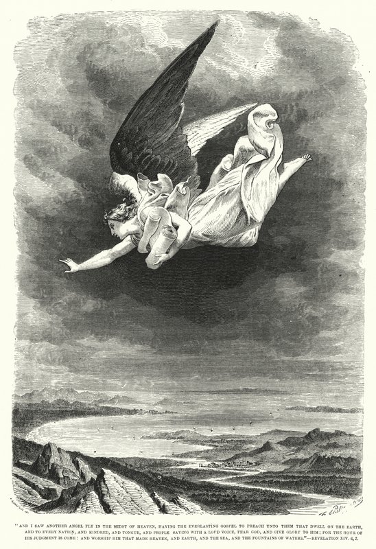 Jag såg en annan ängel flyga mitt i himlen, Uppenbarelse XIV, 6, 7 (gravyr) av English School