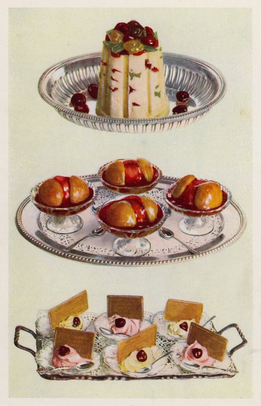 Ispudding; Peches Melba; Cream Ices (färglitografi) av English School