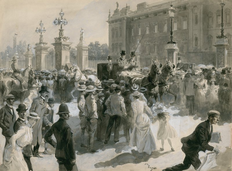 Kung Edward VII:s sjukdom, läkarna lämnar palatset, juni 1902 (wc på papper) av English School