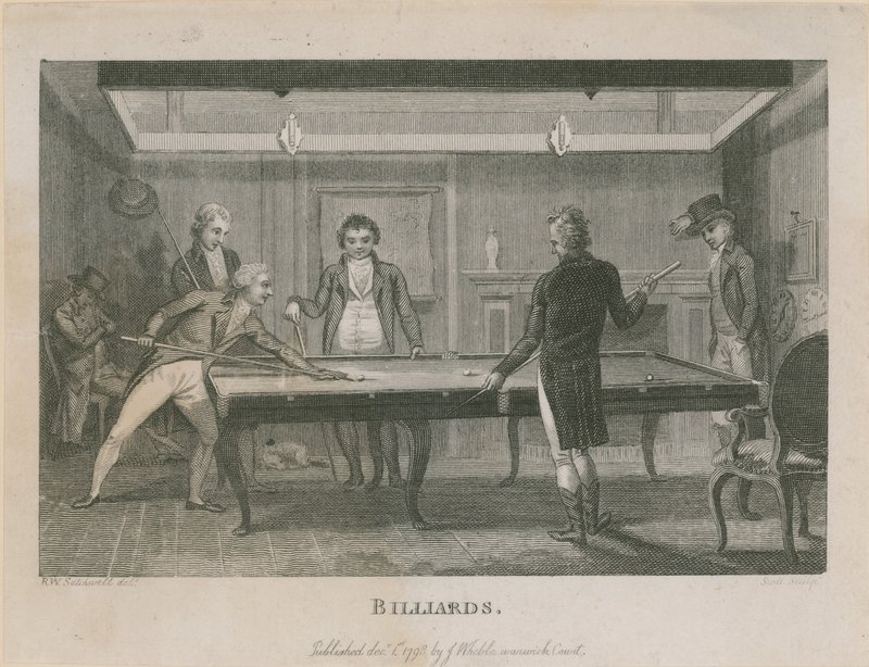 Illustration som visar en grupp män som spelar biljard av English School
